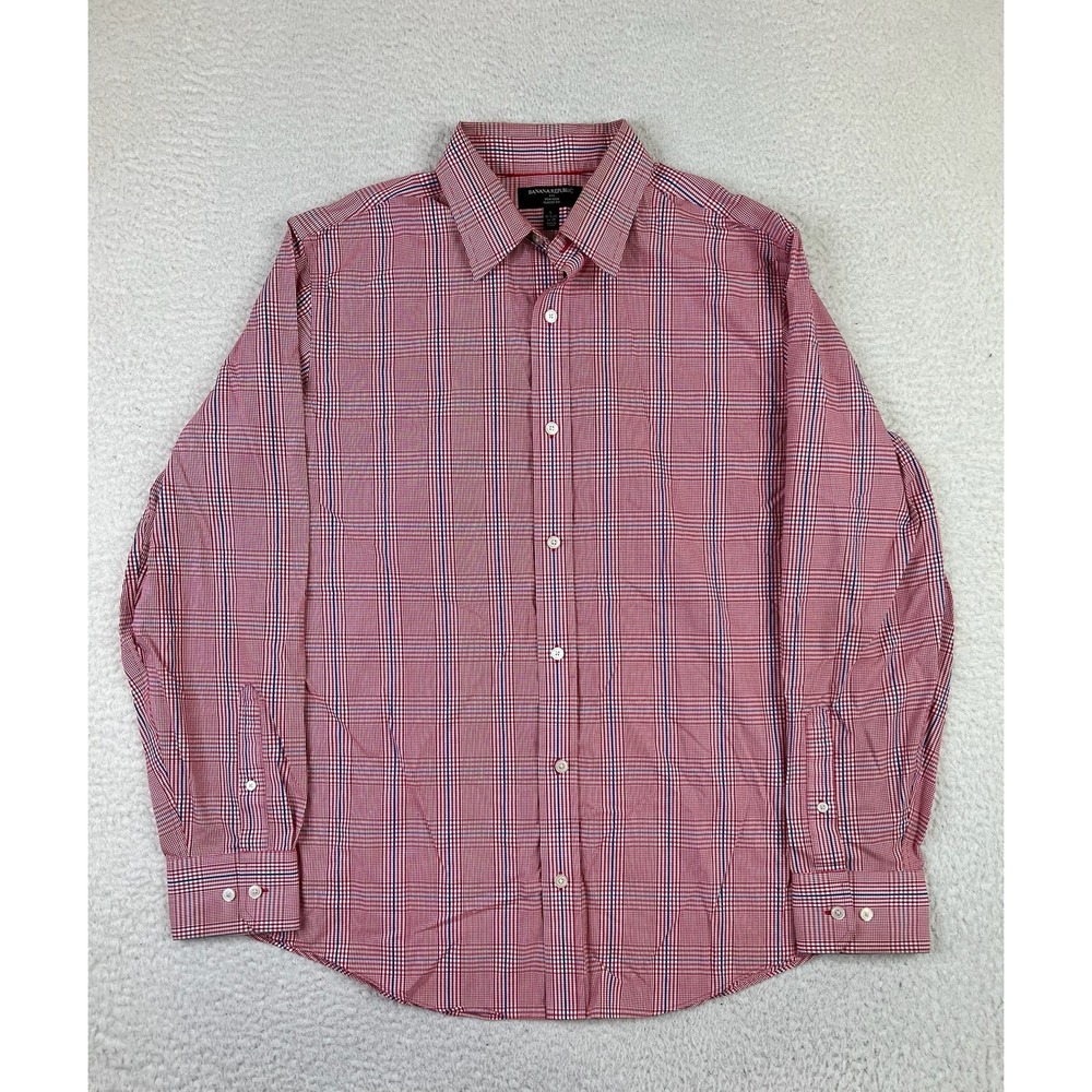 Banana Republic Shirt Mens Large Red Blue Plaid Classic Fit Non Iron Cotton